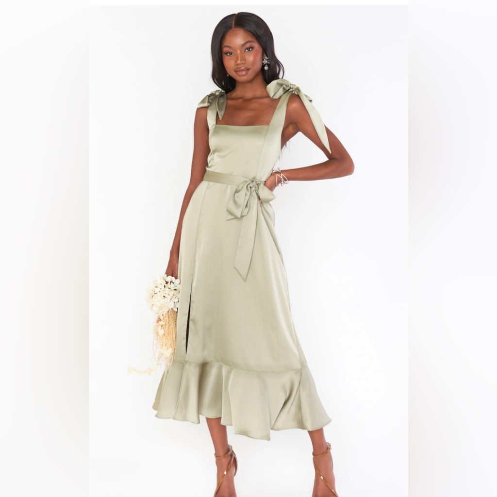 Show Me Your Mumu Claire Midi Dress In Moss Green Luxe Satin
